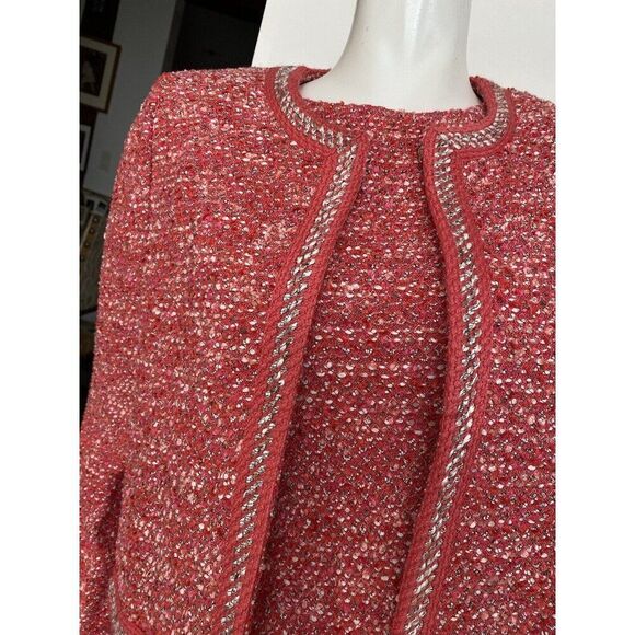 St. John Suit Dress Set Size 8 Wool Blend Tweed Pink Coral White St Classic - Picture 15 of 15